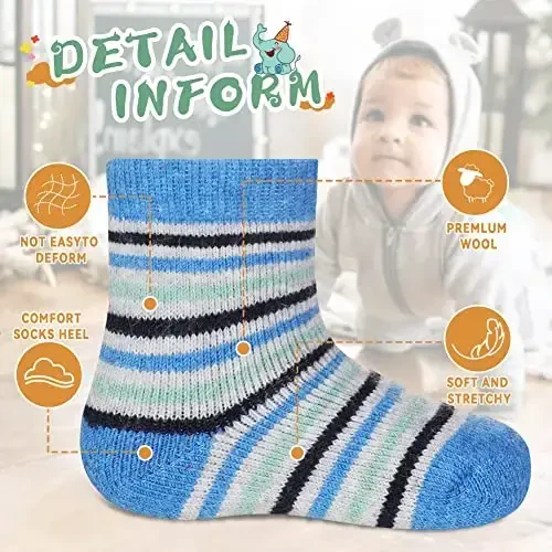 Eocom 6 Pairs Baby Boys Girls Wool Socks Infant Toddlers Kids Unisex Winter Thick Soft Warm Thermal Crew Socks - 5