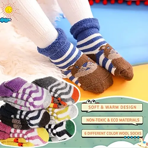 Eocom Baby Toddler Kids Wool Socks, Girls Boys Winter Warm Crew Socks | Unisex Soft Winter Socks, Thermal Thick, Adjustable Cuff, Soft Cozy Socks, Great Gift for Infant Toddler, 6 Pairs - 2