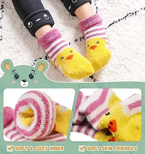 Eocom Baby Toddler Kids Wool Socks, Girls Boys Winter Warm Crew Socks | Unisex Soft Winter Socks, Thermal Thick, Adjustable Cuff, Soft Cozy Socks, Great Gift for Infant Toddler, 6 Pairs - 3