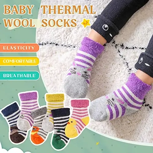 Eocom Baby Toddler Kids Wool Socks, Girls Boys Winter Warm Crew Socks | Unisex Soft Winter Socks, Thermal Thick, Adjustable Cuff, Soft Cozy Socks, Great Gift for Infant Toddler, 6 Pairs - 4