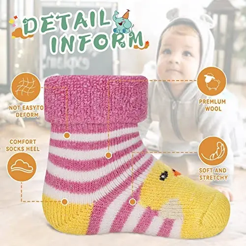 Eocom Baby Toddler Kids Wool Socks, Girls Boys Winter Warm Crew Socks | Unisex Soft Winter Socks, Thermal Thick, Adjustable Cuff, Soft Cozy Socks, Great Gift for Infant Toddler, 6 Pairs - 5
