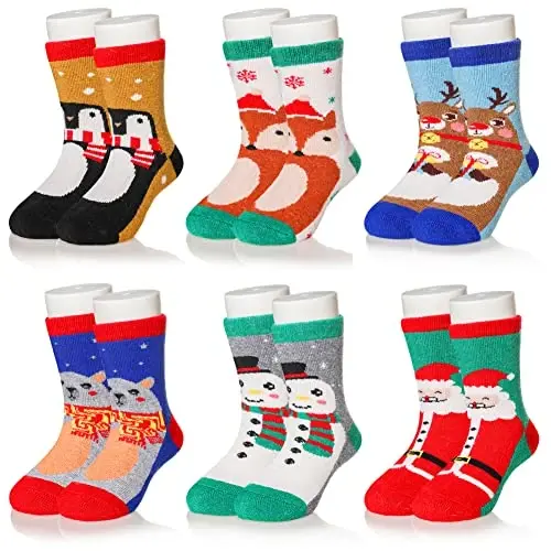 Eocom Kids Wool Socks For Boys Girls Warm Hiking Thermal Winter Cozy Soft Thick Toddlers Crew Boot Socks 6 Pairs - 1