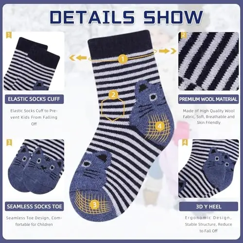 Eocom Kids Wool Socks For Boys Girls Warm Hiking Thermal Winter Cozy Soft Thick Toddlers Crew Boot Socks 6 Pairs - 4