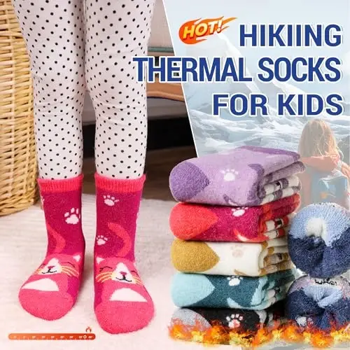 Eocom Kids Wool Socks For Boys Girls Warm Hiking Thermal Winter Cozy Soft Thick Toddlers Crew Boot Socks 6 Pairs - 2