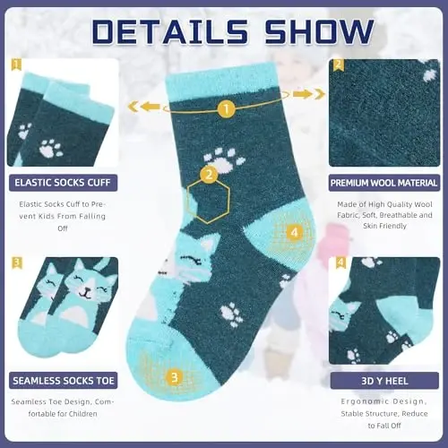 Eocom Kids Wool Socks For Boys Girls Warm Hiking Thermal Winter Cozy Soft Thick Toddlers Crew Boot Socks 6 Pairs - 4
