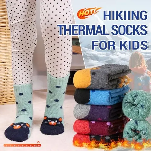 Eocom Kids Wool Socks For Boys Girls Warm Hiking Thermal Winter Cozy Soft Thick Toddlers Crew Boot Socks 6 Pairs - 2