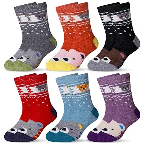 Eocom Kids Wool Socks For Boys Girls Warm Hiking Thermal Winter Cozy Soft Thick Toddlers Crew Boot Socks 6 Pairs - 1