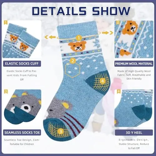 Eocom Kids Wool Socks For Boys Girls Warm Hiking Thermal Winter Cozy Soft Thick Toddlers Crew Boot Socks 6 Pairs - 4