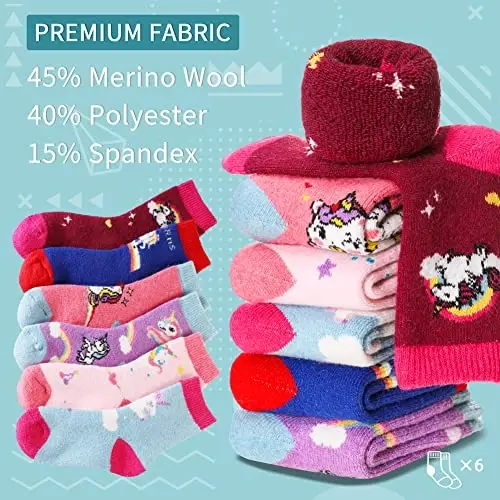 Eocom Kids Wool Socks For Boys Girls Warm Hiking Thermal Winter Cozy Soft Thick Toddlers Crew Boot Socks 6 Pairs - 2