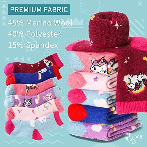 Eocom Kids Wool Socks For Boys Girls Warm Hiking Thermal Winter Cozy Soft Thick Toddlers Crew Boot Socks 6 Pairs - 2