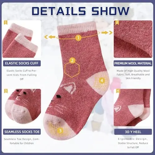 Eocom Kids Wool Socks For Boys Girls Warm Hiking Thermal Winter Cozy Soft Thick Toddlers Crew Boot Socks 6 Pairs - 4