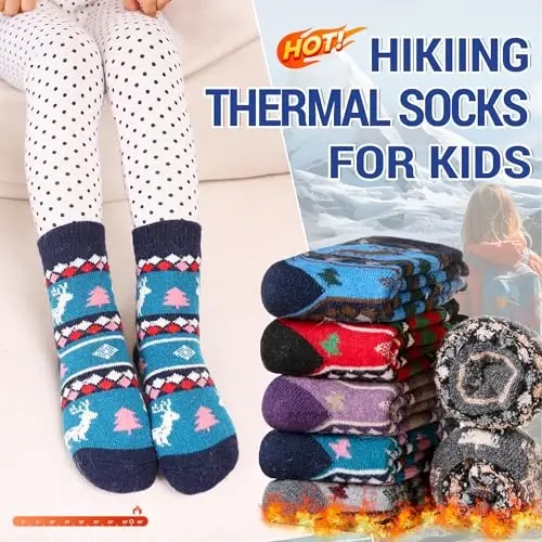 Eocom Kids Wool Socks For Boys Girls Warm Hiking Thermal Winter Cozy Soft Thick Toddlers Crew Boot Socks 6 Pairs - 2