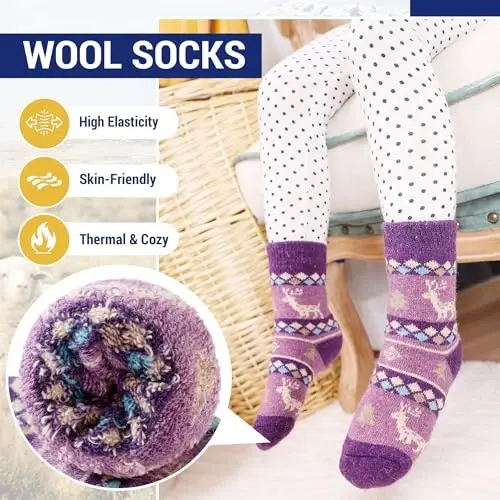 Eocom Kids Wool Socks For Boys Girls Warm Hiking Thermal Winter Cozy Soft Thick Toddlers Crew Boot Socks 6 Pairs - 3