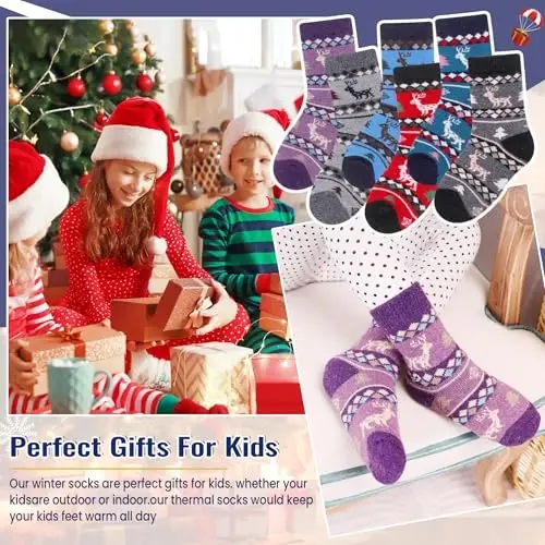 Eocom Kids Wool Socks For Boys Girls Warm Hiking Thermal Winter Cozy Soft Thick Toddlers Crew Boot Socks 6 Pairs - 5