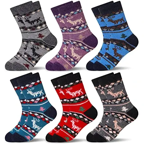 Eocom Kids Wool Socks For Boys Girls Warm Hiking Thermal Winter Cozy Soft Thick Toddlers Crew Boot Socks 6 Pairs 
