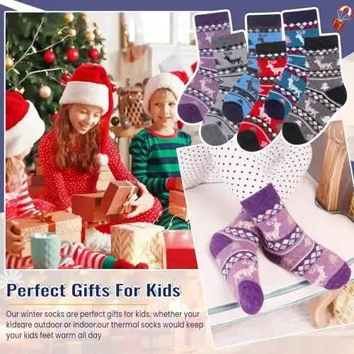 Eocom Kids Wool Socks For Boys Girls Warm Hiking Thermal Winter Cozy Soft Thick Toddlers Crew Boot Socks 6 Pairs - 5