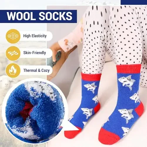 Eocom Kids Wool Socks For Boys Girls Warm Hiking Thermal Winter Cozy Soft Thick Toddlers Crew Boot Socks 6 Pairs - 3