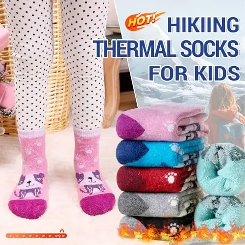 Eocom Kids Wool Socks For Boys Girls Warm Hiking Thermal Winter Cozy Soft Thick Toddlers Crew Boot Socks 6 Pairs - 2
