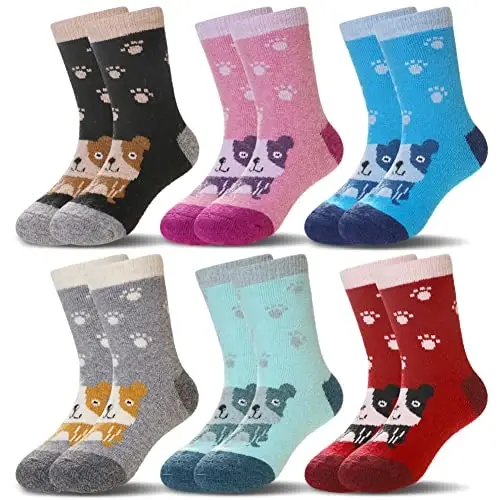 Eocom Kids Wool Socks For Boys Girls Warm Hiking Thermal Winter Cozy Soft Thick Toddlers Crew Boot Socks 6 Pairs - 1