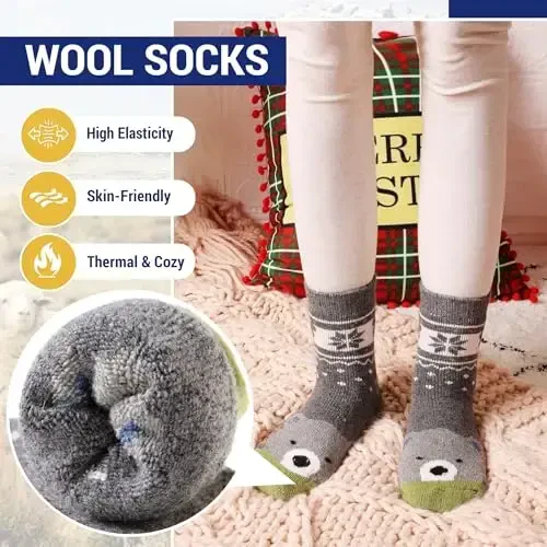 Eocom Kids Wool Socks For Boys Girls Warm Hiking Thermal Winter Cozy Soft Thick Toddlers Crew Boot Socks 6 Pairs - 3