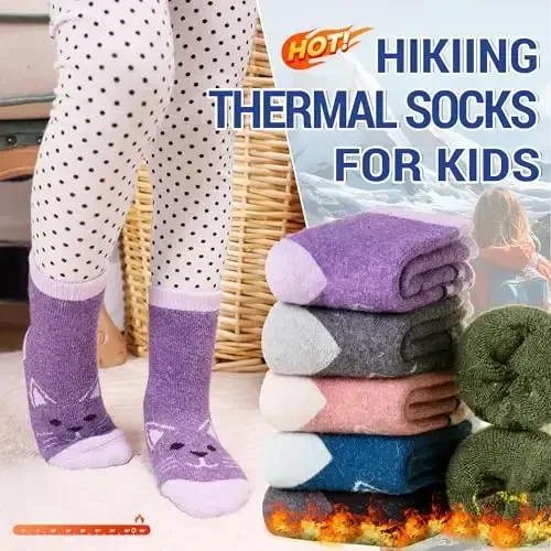 Eocom Kids Wool Socks For Boys Girls Warm Hiking Thermal Winter Cozy Soft Thick Toddlers Crew Boot Socks 6 Pairs - 2