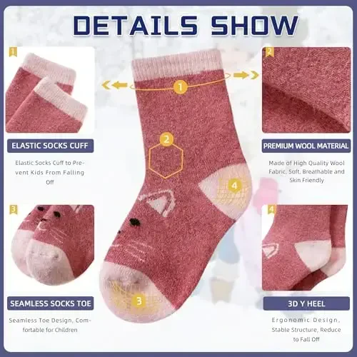 Eocom Kids Wool Socks For Boys Girls Warm Hiking Thermal Winter Cozy Soft Thick Toddlers Crew Boot Socks 6 Pairs - 4