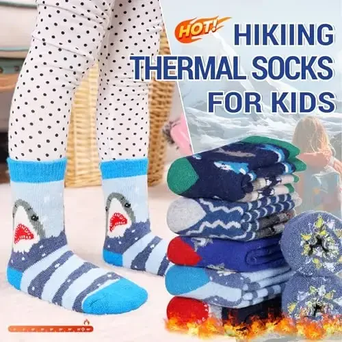Eocom Kids Wool Socks For Boys Girls Warm Hiking Thermal Winter Cozy Soft Thick Toddlers Crew Boot Socks 6 Pairs - 2