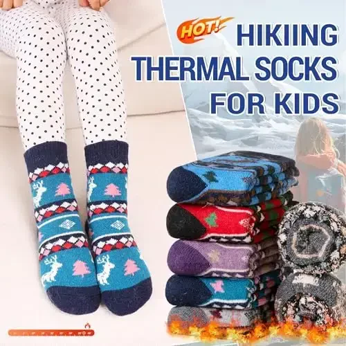 Eocom Kids Wool Socks For Boys Girls Warm Hiking Thermal Winter Cozy Soft Thick Toddlers Crew Boot Socks 6 Pairs - 2