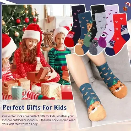 Eocom Kids Wool Socks For Boys Girls Warm Hiking Thermal Winter Cozy Soft Thick Toddlers Crew Boot Socks 6 Pairs - 5