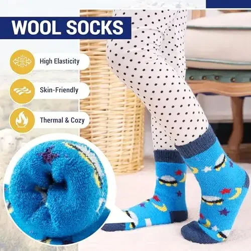 Eocom Kids Wool Socks For Boys Girls Warm Hiking Thermal Winter Cozy Soft Thick Toddlers Crew Boot Socks 6 Pairs - 3