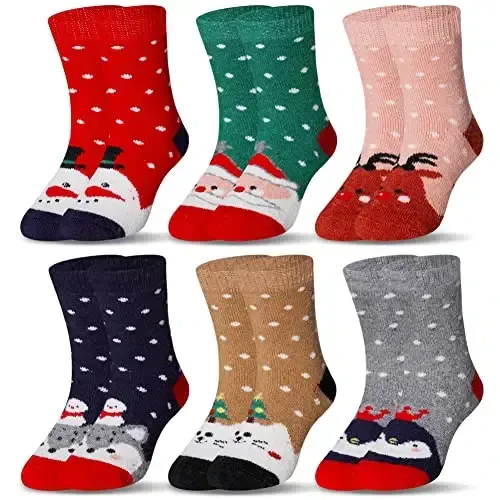 Eocom Kids Wool Socks For Boys Girls Warm Hiking Thermal Winter Cozy Soft Thick Toddlers Crew Boot Socks 6 Pairs - 1