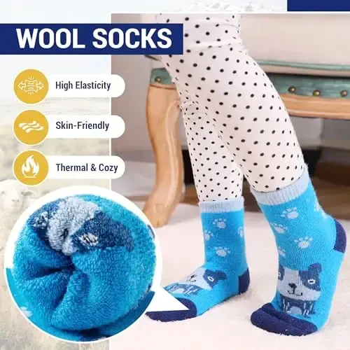 Eocom Kids Wool Socks For Boys Girls Warm Hiking Thermal Winter Cozy Soft Thick Toddlers Crew Boot Socks 6 Pairs - 3