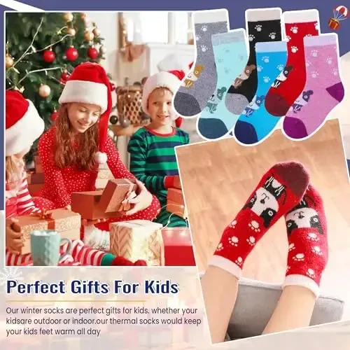 Eocom Kids Wool Socks For Boys Girls Warm Hiking Thermal Winter Cozy Soft Thick Toddlers Crew Boot Socks 6 Pairs - 5