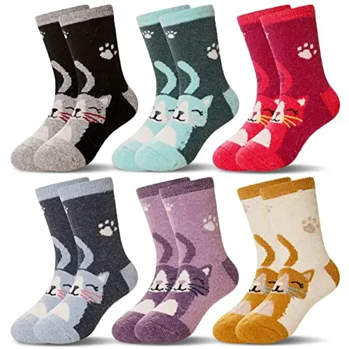 Eocom Kids Wool Socks For Boys Girls Warm Hiking Thermal Winter Cozy Soft Thick Toddlers Crew Boot Socks 6 Pairs - 1