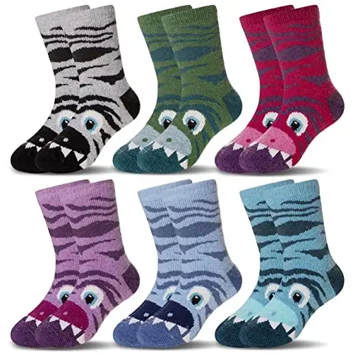 Eocom Kids Wool Socks For Boys Girls Warm Hiking Thermal Winter Cozy Soft Thick Toddlers Crew Boot Socks 6 Pairs - 1