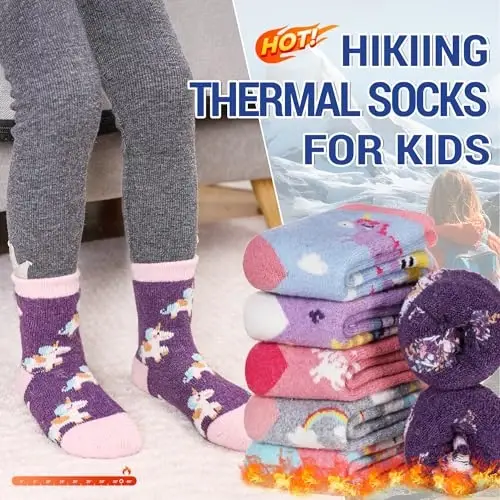 Eocom Kids Wool Socks For Boys Girls Warm Hiking Thermal Winter Cozy Soft Thick Toddlers Crew Boot Socks 6 Pairs - 3