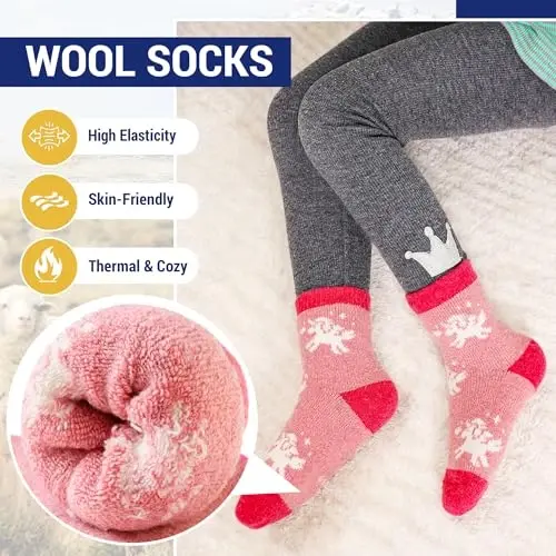 Eocom Kids Wool Socks For Boys Girls Warm Hiking Thermal Winter Cozy Soft Thick Toddlers Crew Boot Socks 6 Pairs - 4