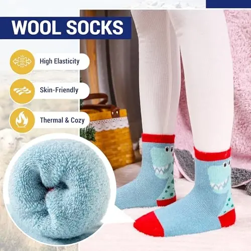 Eocom Kids Wool Socks For Boys Girls Warm Hiking Thermal Winter Cozy Soft Thick Toddlers Crew Boot Socks 6 Pairs - 3