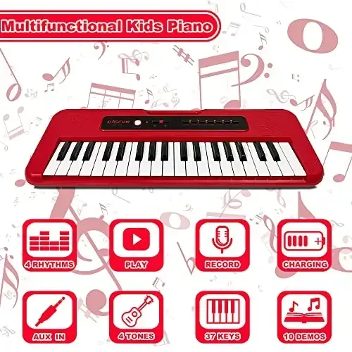 EOOLEOW Bolalar uchun pianino klaviaturasi, mikrofonli 37 klavishli portativ elektron pianino - 3 4 5 6 7 8 9 yoshli o'g'il va qizlar uchun musiqa klaviatura pianino o'yinchoqlari (qizil) - 4