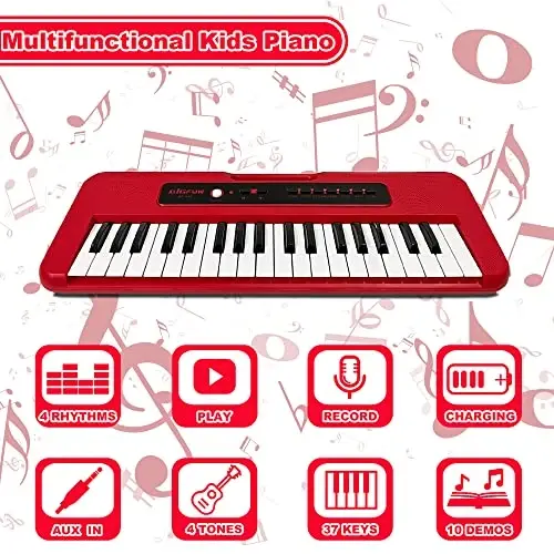 EOOLEOW Piano Keyboard for Kids, 37 Keys Portable Electronic Piano for Kids with Microphone - Music Keyboard Piano Toys for 3 4 5 6 7 8 9 Year Old Boys and Girls (Red) - 4