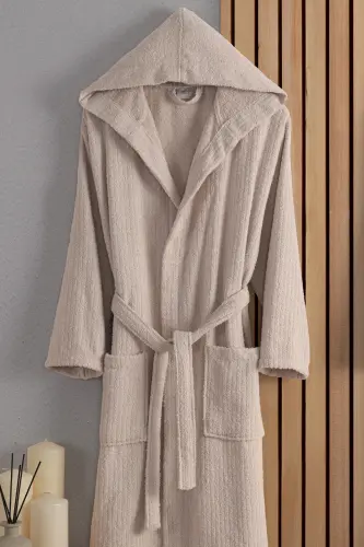 EOS Unisex Cotton Striped Hooded Bathrobe | Dowry | Bathrobe Set | Dressing Gown | Gift-Beige - 2