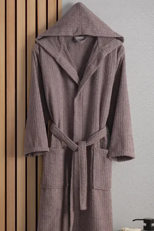 EOS Unisex Pamuk Çizgili Kapüşonlu Bornoz | Çeyiz | Bornoz Seti | Sabahlık | Hediyelik-Gül Kurusu - 2