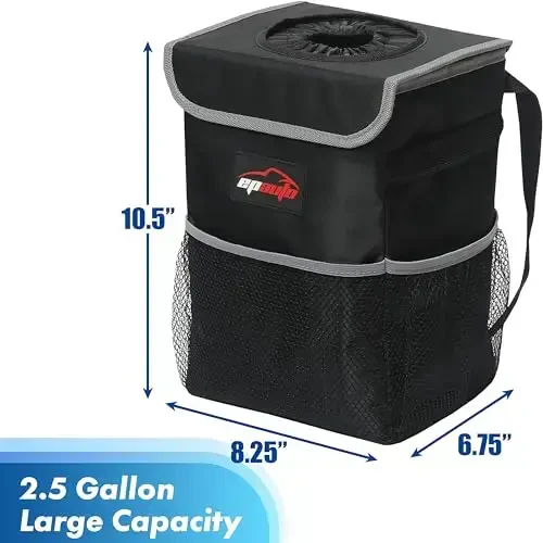 EPAuto Waterproof Car Trash Can with Lid and Storage Pockets, 2.5 Gallon, Black - EPAUTO (1)