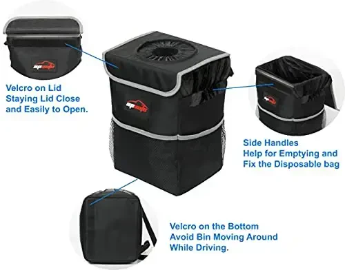 EPAuto Waterproof Car Trash Can with Lid and Storage Pockets, 2.5 Gallon, Black - 5