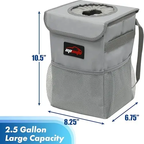 EPAuto Waterproof Car Trash Can with Lid and Storage Pockets, 2.5 Gallon Leakproof, Gray - EPAUTO (1)