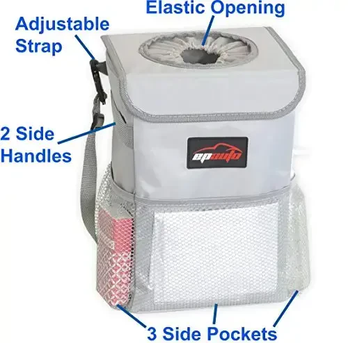 EPAuto Waterproof Car Trash Can with Lid and Storage Pockets, 2.5 Gallon Leakproof, Gray - 4