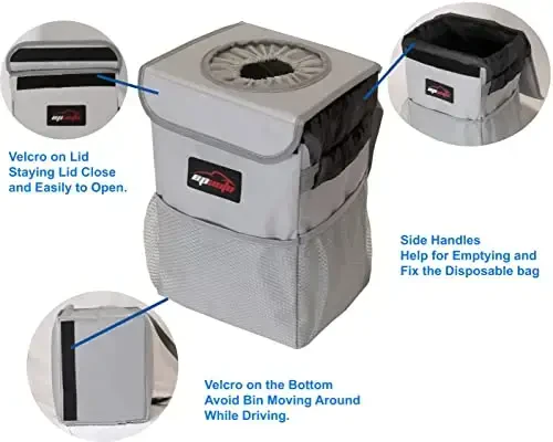 EPAuto Waterproof Car Trash Can with Lid and Storage Pockets, 2.5 Gallon Leakproof, Gray - 5
