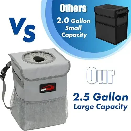 EPAuto Waterproof Car Trash Can with Lid and Storage Pockets, 2.5 Gallon Leakproof, Gray - 7
