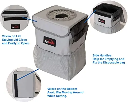 EPAuto Waterproof Car Trash Can with Lid and Storage Pockets, 2.5 Gallon Leakproof, Gray - 5