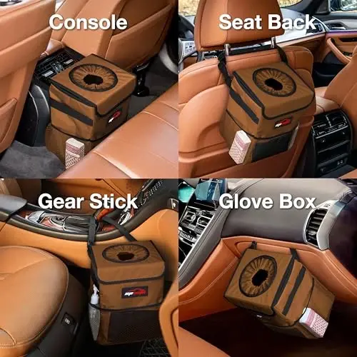 EPAuto Waterproof Car Trash Can with Lid and Storage Pockets, 2.5 Gallon Leakproof, Brown - 3